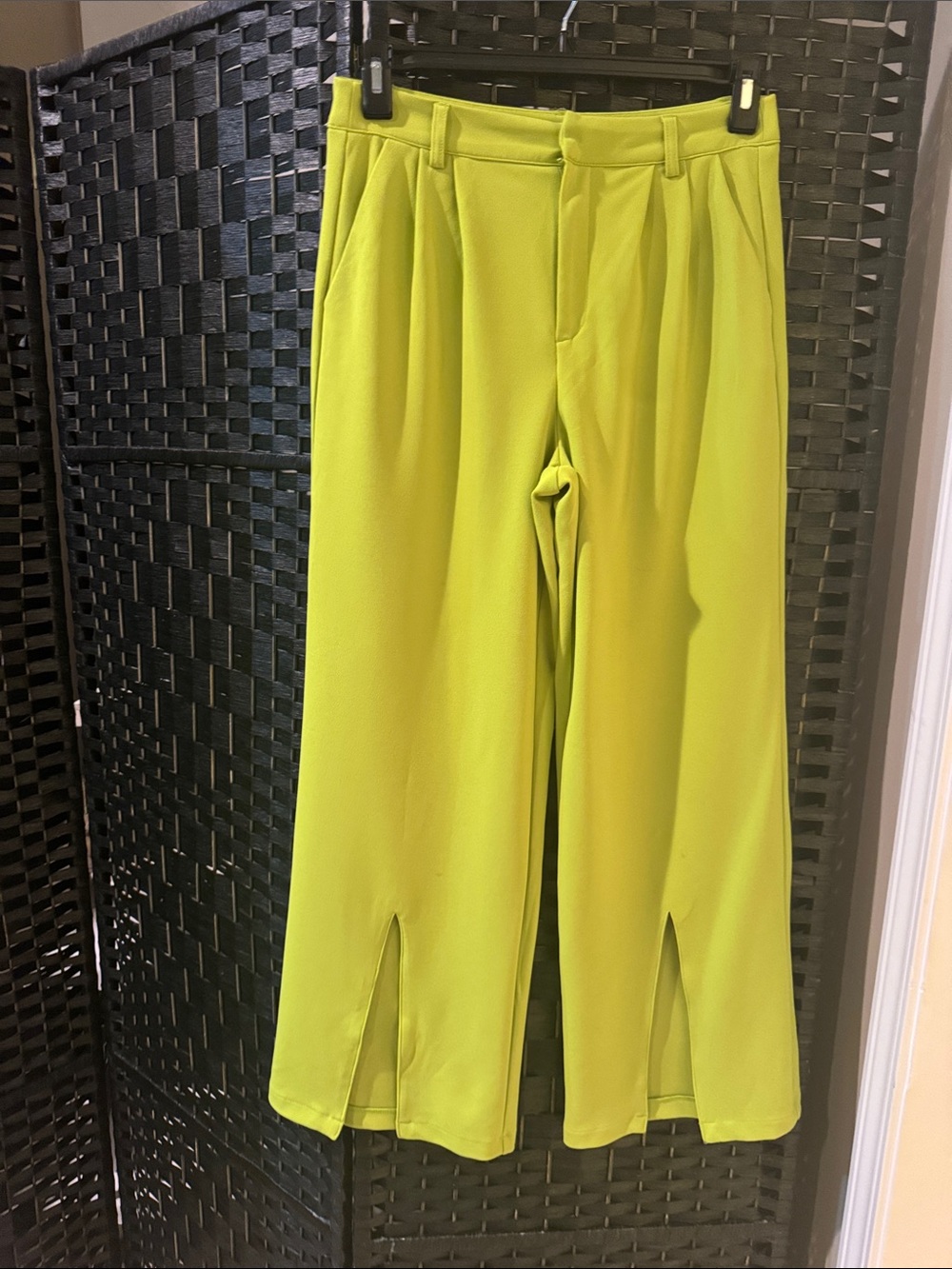 Wide Leg Split-Hem Pants in Chartreuse